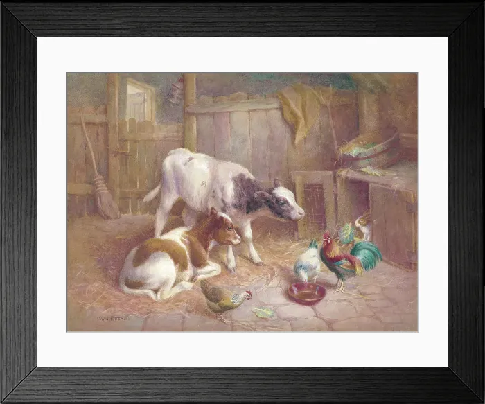 Framed Print : Cows, cockerel, hens and rabbit Framed Print : Cows, cockerel, hens and rabbit