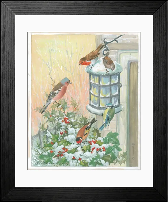 Framed Print : Chaffinch, Robin, Wren, Goldfinch and Blue Tit and lantern Framed Print : Chaffinch, Robin, Wren, Goldfinch and Blue Tit and lantern