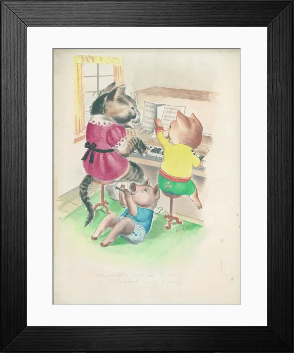 Framed Print : Cat teaching pig the piano other playing wind Framed Print : Cat teaching pig the piano other playing wind