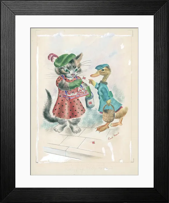 Framed Print : Cat and duck, Union Jack flags Framed Print : Cat and duck, Union Jack flags