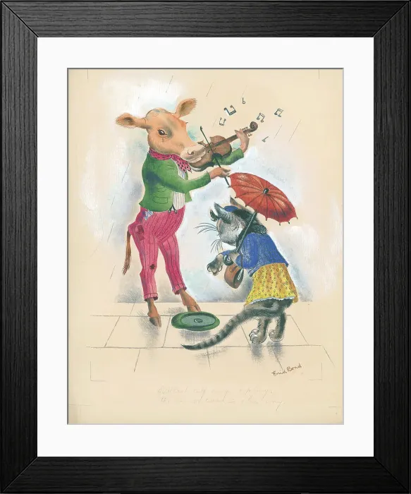 Framed Print : Cow playing violin, busking, cat putting coin in hat Framed Print : Cow playing violin, busking, cat putting coin in hat