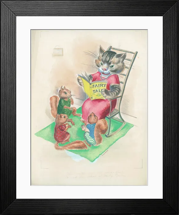 Framed Print : Cat reading fairy tales to squirrels Framed Print : Cat reading fairy tales to squirrels