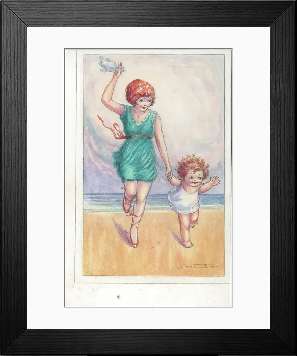 Framed Print : Children's beach activities bathing fishing Postcard