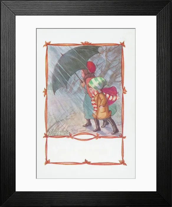 Framed Print : Children - November. Winter, walking through rain Framed Print : Children - November. Winter, walking through rain