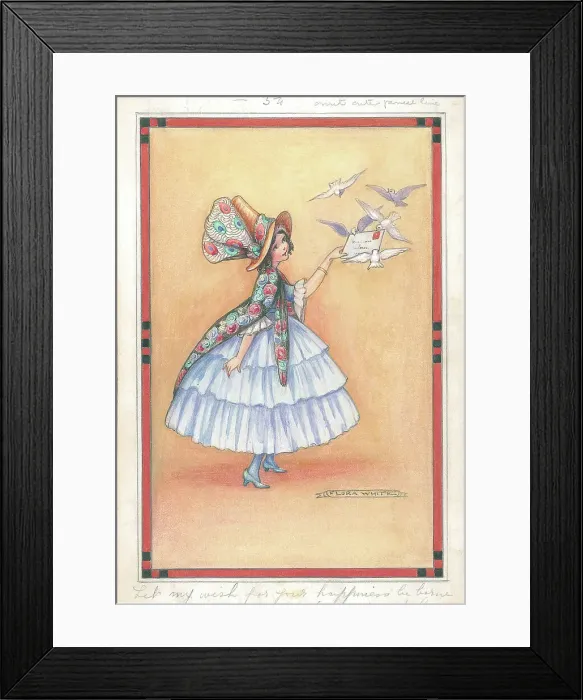 Framed Print : Doves taking letter from girl Framed Print : Doves taking letter from girl