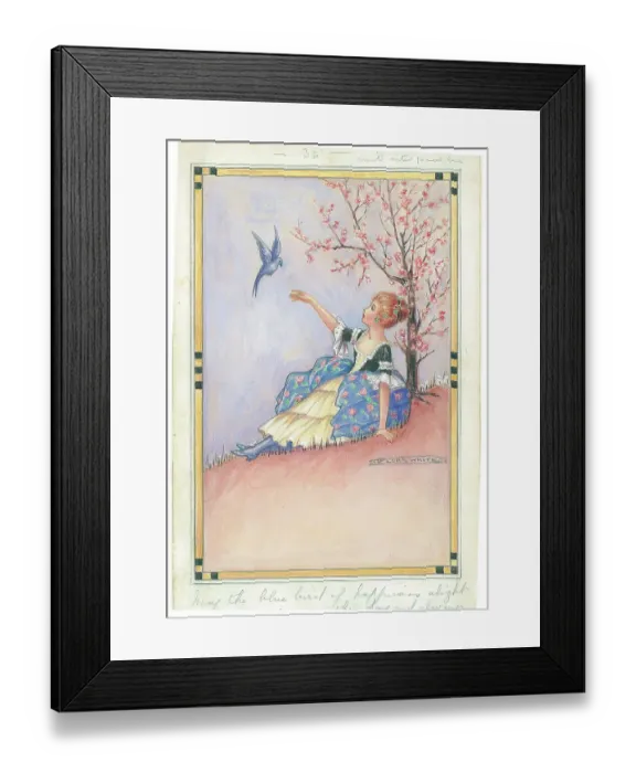 Framed Print : Girl and bird under tree Text May the blue of Framed Print : Girl and bird under tree Text May the blue of