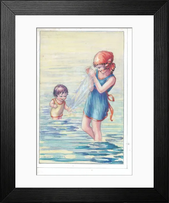 Framed Print : Girl and toddler playing in the water Framed Print : Girl and toddler playing in the water