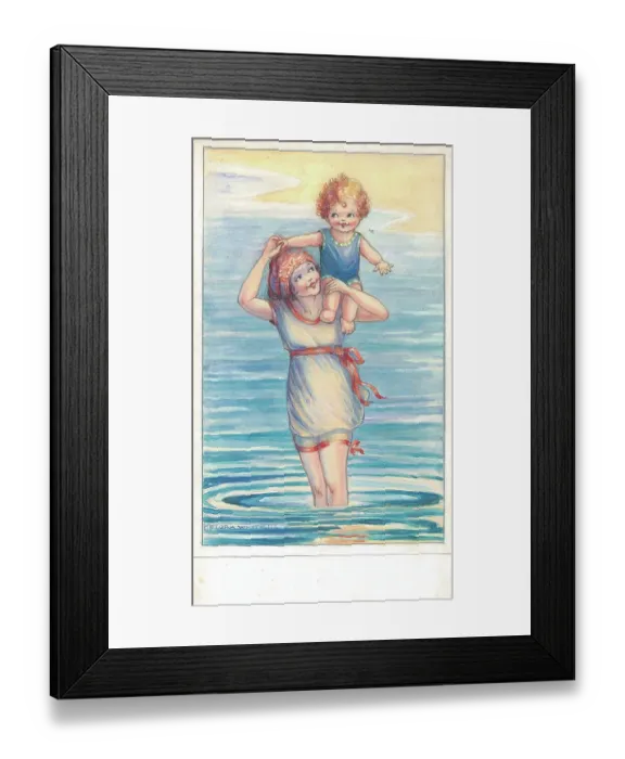 Framed Print : Woman and child bathing in the sea / lake Framed Print : Woman and child bathing in the sea / lake