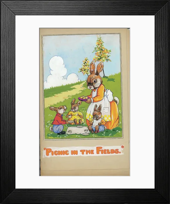Framed Print : Picnic in the fileds - Rabbits Framed Print : Picnic in the fileds - Rabbits