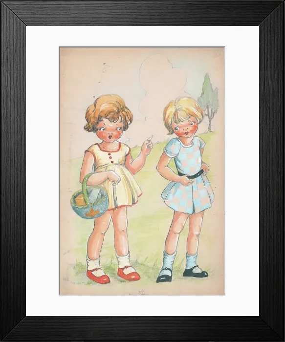 Framed Print : Two girls with basket Children's Postcard design Framed Print : Two girls with basket Children's Postcard design