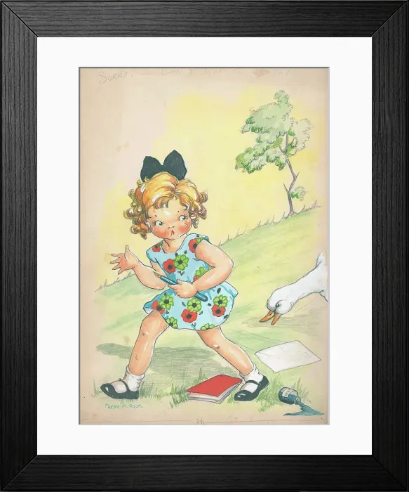 Framed Print : Girl chased Children's Postcard design Watercolour Framed Print : Girl chased Children's Postcard design Watercolour