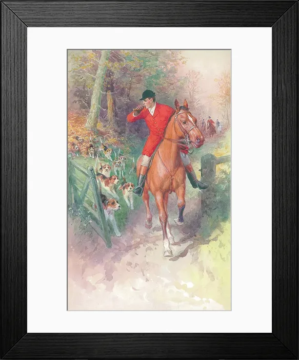 Framed Print : Hunting scene horses dogs Watercolour painting Framed Print : Hunting scene horses dogs Watercolour painting