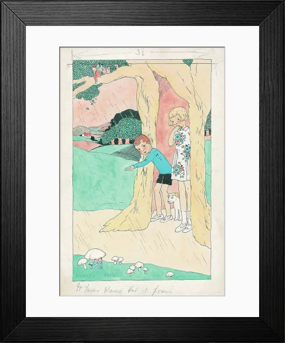 Framed Print : Girl and boy sheltering in a tree Framed Print : Girl and boy sheltering in a tree