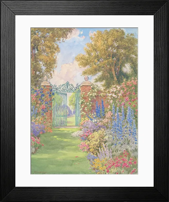 Framed Print : Walled garden with flower borders and gates Garden Framed Print : Walled garden with flower borders and gates Garden