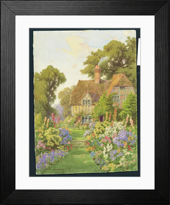 Framed Print : Cottage & Garden Scene Framed Print : Cottage & Garden Scene