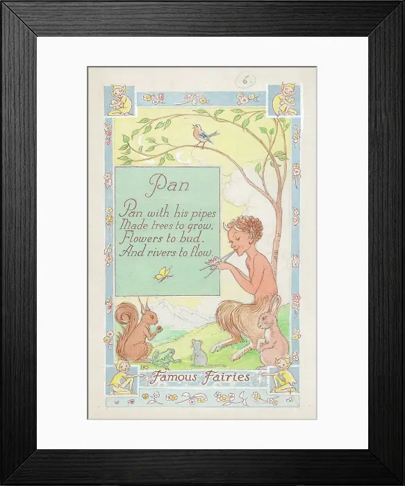 Framed Print : Pan Sub-title Famous Fairies Text with his pipes