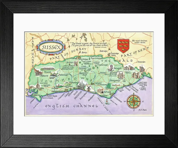 Framed Print : Map English Channel Postcard England Watercolour Framed Print : Map English Channel Postcard England Watercolour