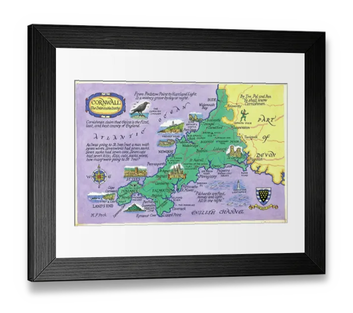 Framed Print : Map Cornwall Postcard England Watercolour painting Framed Print : Map Cornwall Postcard England Watercolour painting