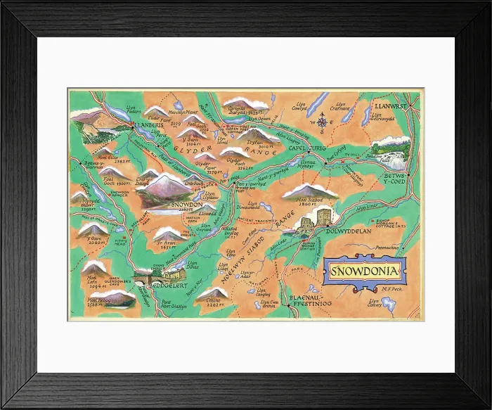 Framed Print : Map Snowdonia Postcard North Wales Watercolour Framed Print : Map Snowdonia Postcard North Wales Watercolour