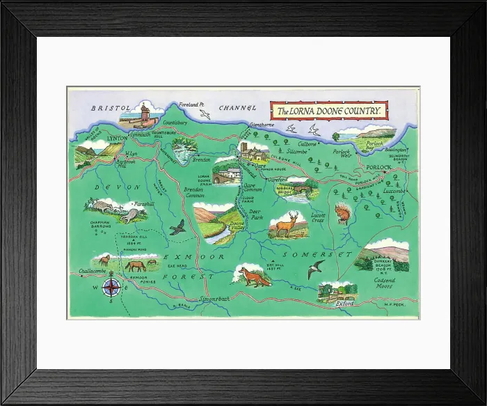Framed Print : Map - The Lorna Doone Country Framed Print : Map - The Lorna Doone Country