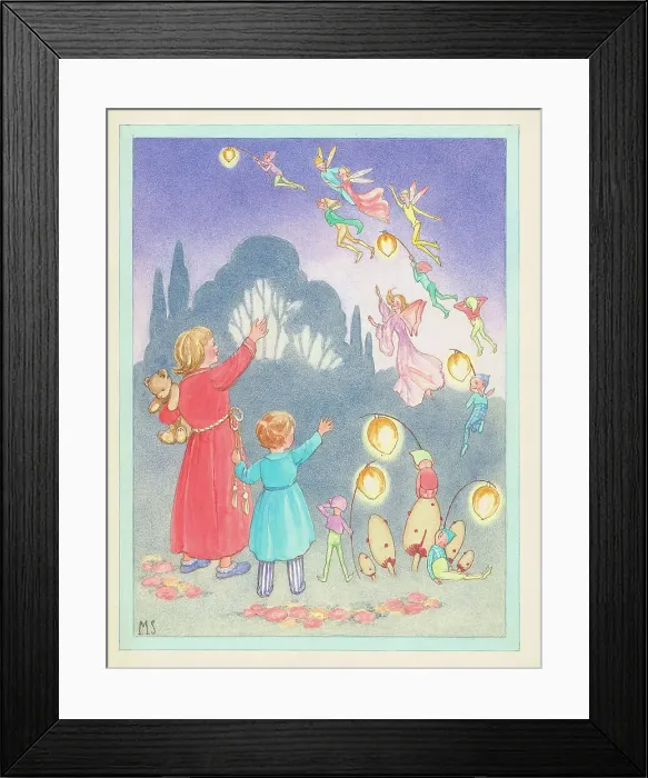 Framed Print : Children waving to fairies Children's Postcard Framed Print : Children waving to fairies Children's Postcard