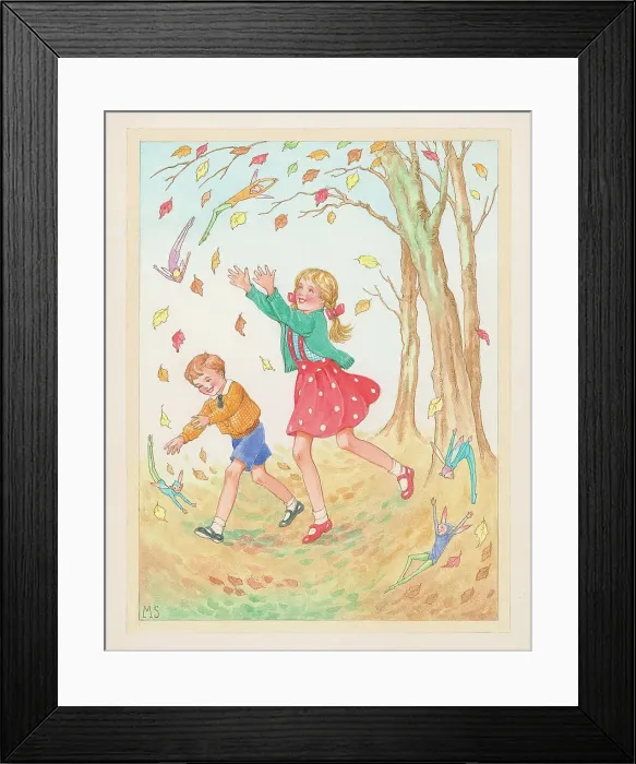 Framed Print : Children playing with fairies in autumn leaves Framed Print : Children playing with fairies in autumn leaves