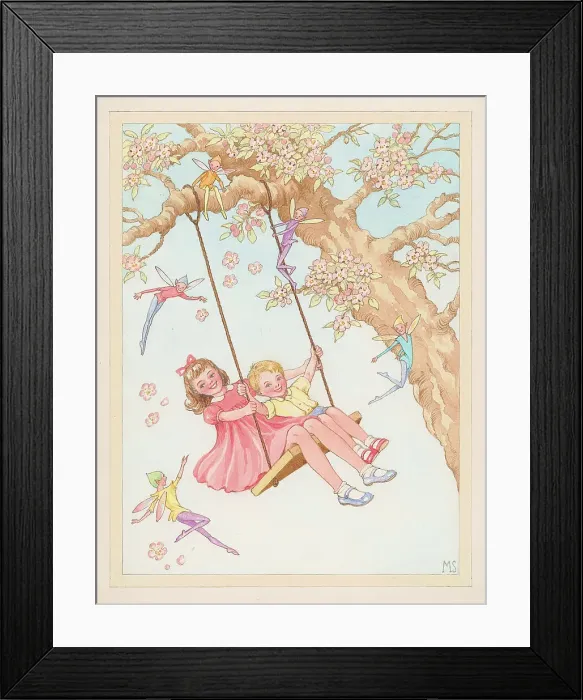 Framed Print : Children playing on swing with fairies