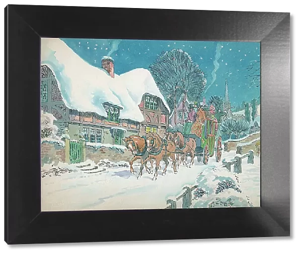 Winter scene with house horses and carriage snow
