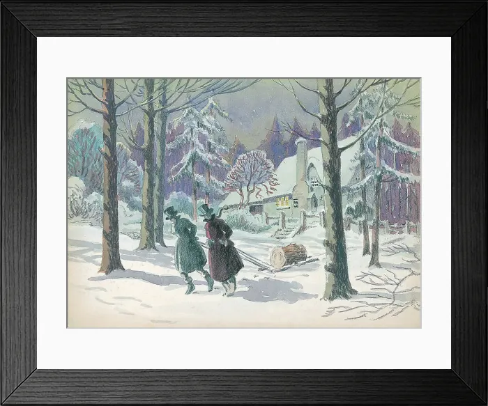 Framed Print : Winter scene - Pulling Yule Log Framed Print : Winter scene - Pulling Yule Log