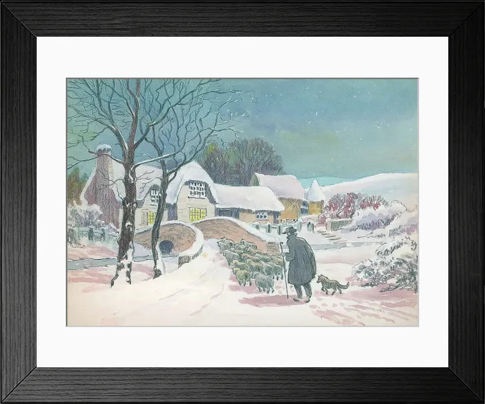 Framed Print : Winter scene with sheep and shepherd Framed Print : Winter scene with sheep and shepherd