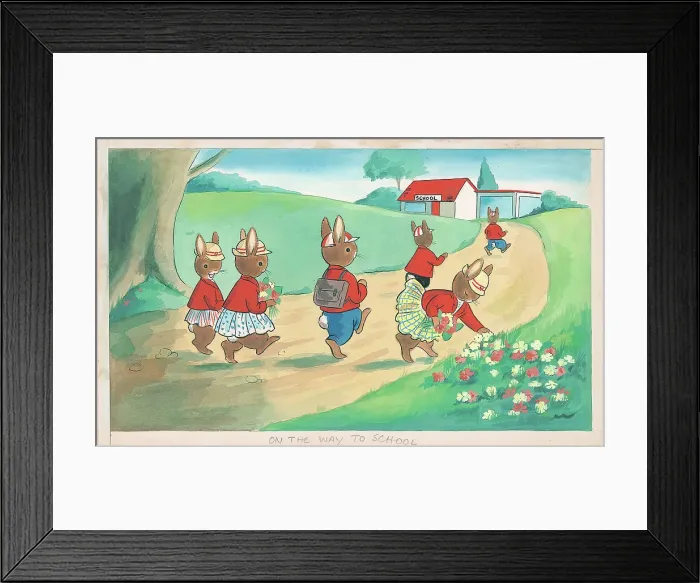 Framed Print : Rabbits walking along a path, picking flowers Framed Print : Rabbits walking along a path, picking flowers