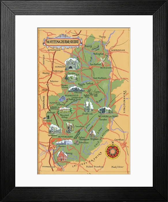 Framed Print : Maps by P Posner - Nottinghamshire Framed Print : Maps by P Posner - Nottinghamshire