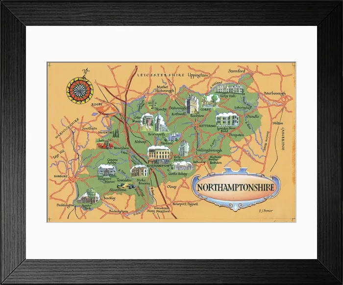 Framed Print : Maps by P Posner - Northamptonshire Framed Print : Maps by P Posner - Northamptonshire