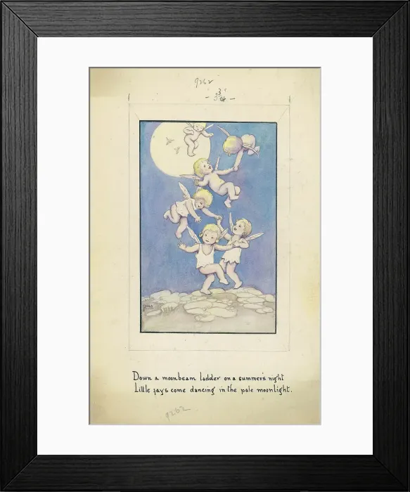 Framed Print : Fairy babies Children's Postcard design Watercolour