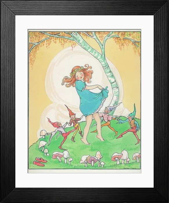 Framed Print : Girl and pixies elves ? Children's Postcard design Framed Print : Girl and pixies elves ? Children's Postcard design