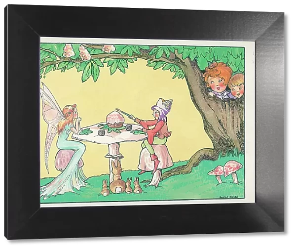Elves or fairies having tea and cake with rabbits