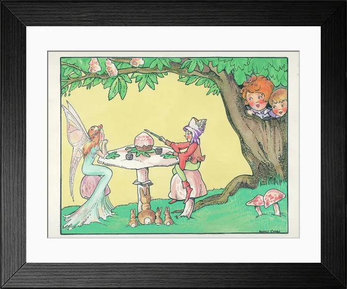 Framed Print : Elves or fairies having tea and cake with rabbits Framed Print : Elves or fairies having tea and cake with rabbits