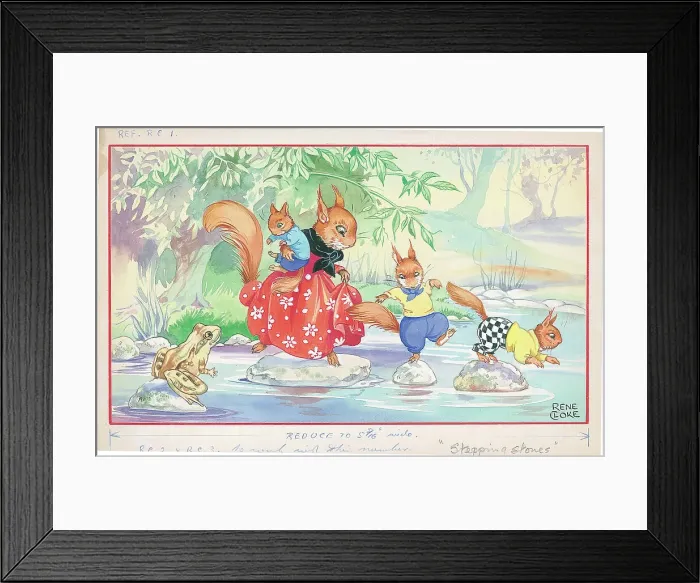 Framed Print : Squirrels on stepping stones and frog or toad Framed Print : Squirrels on stepping stones and frog or toad