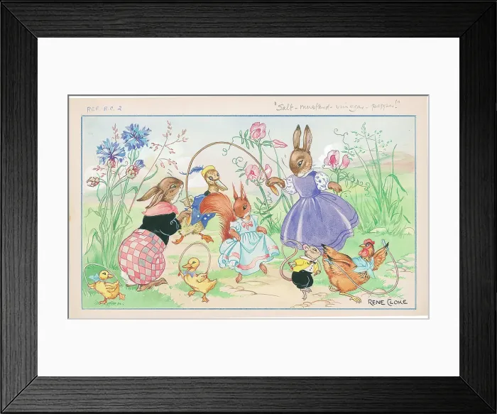 Framed Print : Rabbits, ducklings, mice and hen playing with skipping rope Framed Print : Rabbits, ducklings, mice and hen playing with skipping rope