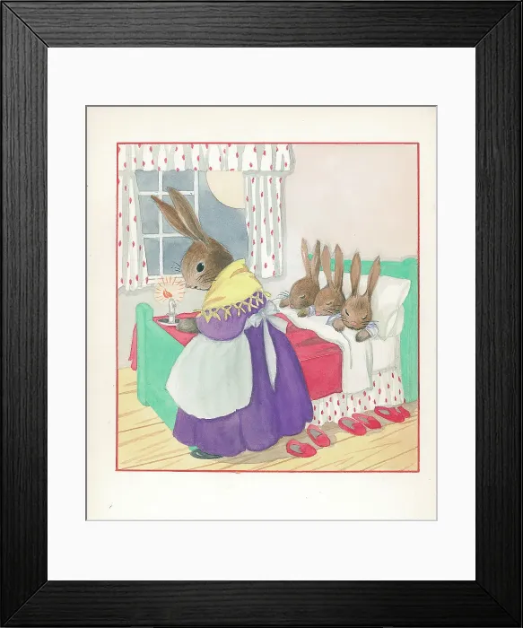 Framed Print : Rabbit bedtime Children's Postcard design Watercolour Framed Print : Rabbit bedtime Children's Postcard design Watercolour