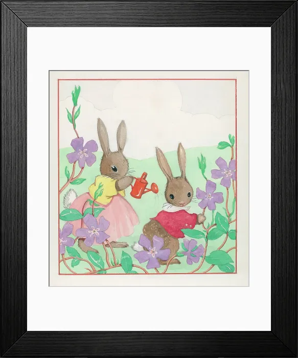 Framed Print : Rabbits with a watering can Framed Print : Rabbits with a watering can