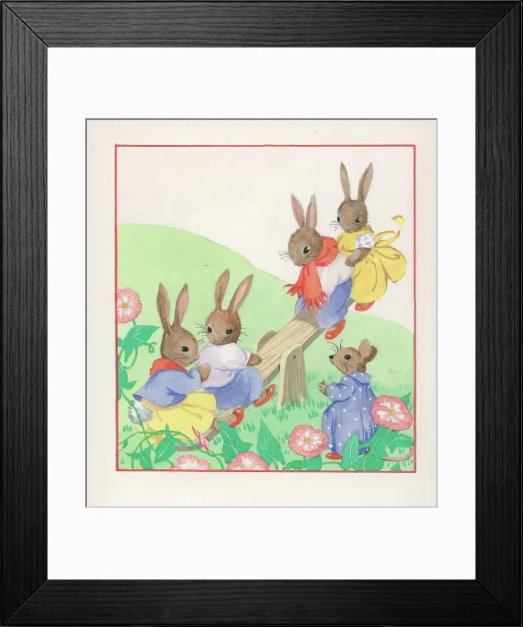 Framed Print : Rabbits on seesaw Children's Postcard design Framed Print : Rabbits on seesaw Children's Postcard design
