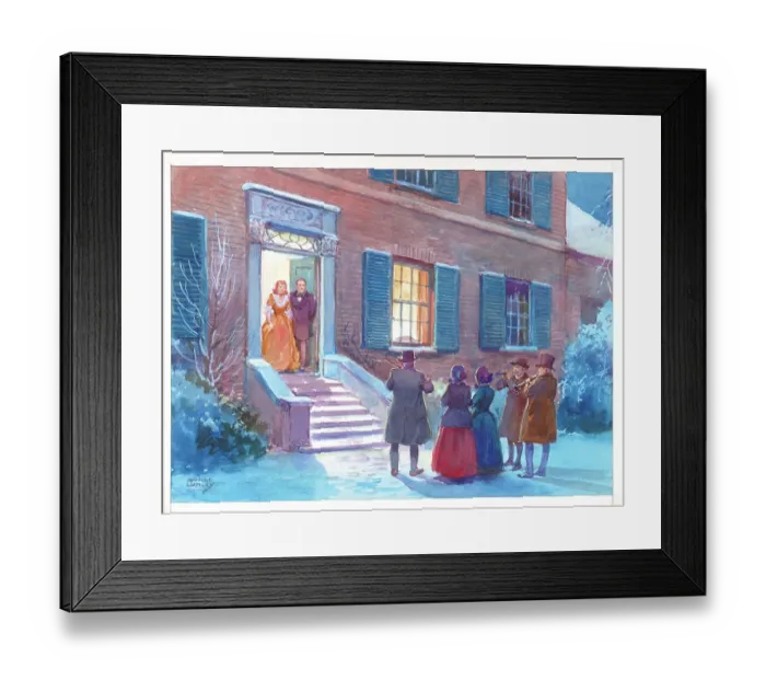 Framed Print : Christmas scene Carol Singers card design England Framed Print : Christmas scene Carol Singers card design England