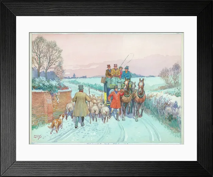 Framed Print : Coaching / winter, shepherd and sheep Framed Print : Coaching / winter, shepherd and sheep