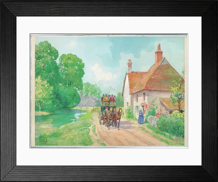Framed Print : Coaching / summer with river and cottage Framed Print : Coaching / summer with river and cottage