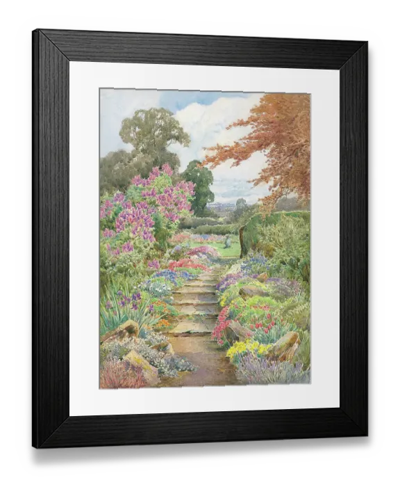 Framed Print : Path with flower borders on either side and trees Framed Print : Path with flower borders on either side and trees