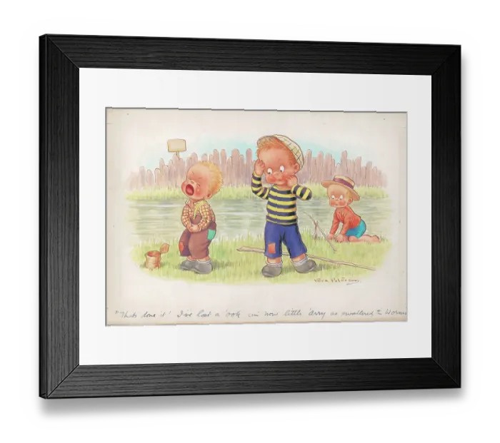 Framed Print : Children fishing humorous card Children's Postcard Framed Print : Children fishing humorous card Children's Postcard