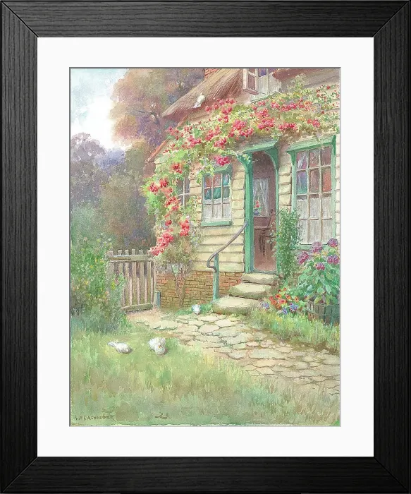 Framed Print : Thatched cottage with garden Garden Flowers Watercolour Framed Print : Thatched cottage with garden Garden Flowers Watercolour