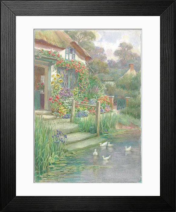 Framed Print : Cotttage with purple iris, lillies, sunflowers etc Framed Print : Cotttage with purple iris, lillies, sunflowers etc
