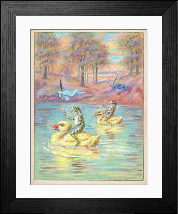 Framed Print : Frogs riding yellow ducks Children's Postcard